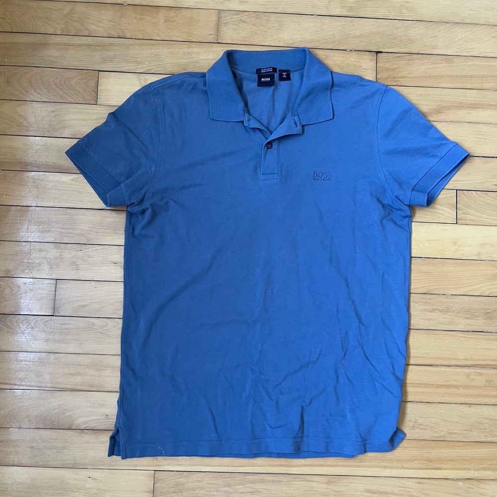 Hugo Boss Blue Pima Cotton Polo Shirt Regular Fit Mens Short Sleeve Logo L